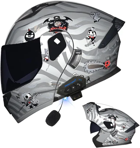 Miniatura 47 de Casco modular Bluetooth para motocicleta, aprobado por DOT, de cara completa, abatible, antivaho, doble visera, casco de motocicleta de calle, LENTE