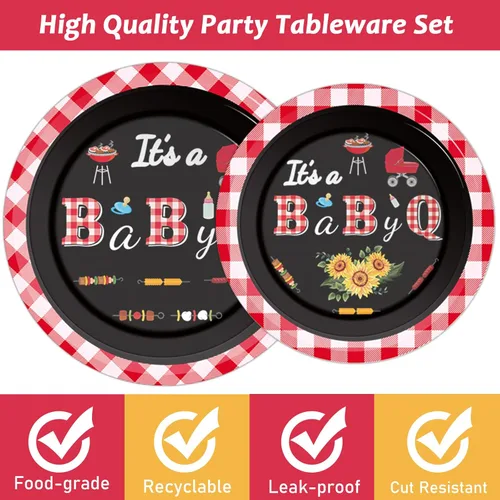 Miniatura 4 de Tevxj 96 piezas de platos de ducha de bebé para barbacoa, servilletas BabyQ Party Vajilla It's A Baby Q, platos de papel desechables, servilletas