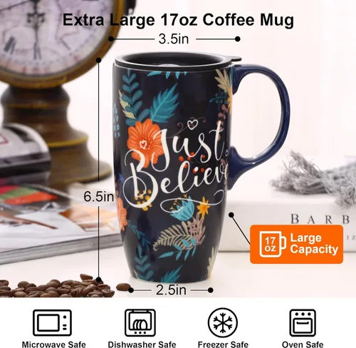 Miniatura 8 de Topadorn Taza de cerámica con tapa y asa, 17 oz. Taza de café alta para el hogar, perfecta para café y té, Just Believe Solo creer