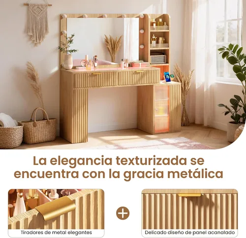 Miniatura 7 de Escritorio de maquillaje estriado de 47 pulgadas con espejo grande de 36 pulgadas y bombillas de Hollywood, luces RGB inteligentes, tocador