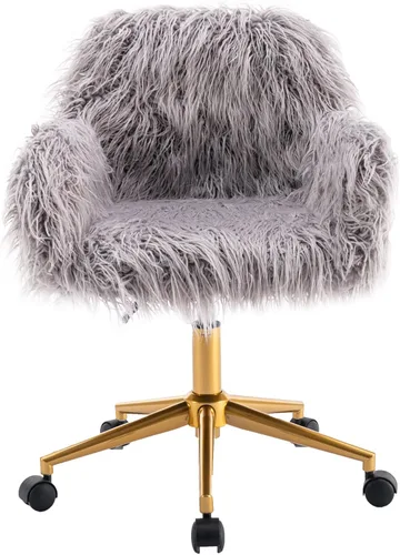 Miniatura 12 de Silla de escritorio giratoria peluda, silla de oficina tapizada de tela de peluche blanca, silla de tocador con ruedas ajustable en altura