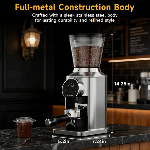 Miniatura 9 de Molinillo de café cónico con rebabas de acero inoxidable de 1.575 pulgadas, 34 ajustes de molienda y antiestático, molinillo eléctrico para expreso