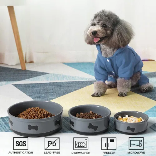 Miniatura 2 de Sweejar Cuencos de cerámica para perros con patrón de huesos, plato de comida para perros pequeños, cuenco de porcelana para agua de 16 onzas Gris