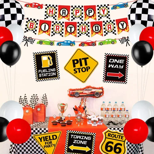 Miniatura 7 de Bessmoso Decoración de fiesta de cumpleaños de coches de carreras, suministros de automóvil, pancarta de feliz cumpleaños, banderas a cuadros