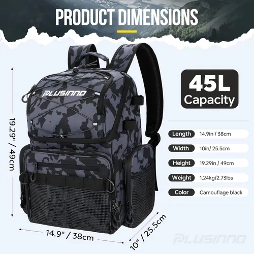 Miniatura 3 de PLUSINNO - Mochila de pesca con portacañas y enfriador de 45L, mochila grande resistente al agua para aparejos de pesca, ideal para guardar