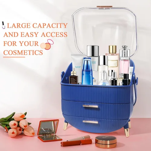 Miniatura 3 de MASSY Caja de almacenamiento de maquillaje con forma de huevo (Oval), organizador portátil de cosméticos de tocador de encimera Preppy