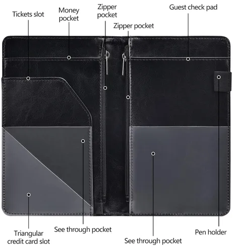 Miniatura 3 de Libreta organizadora para camarera Book&Waitstaff; de piel con brillos y cartera y bolsillo con cierre; lindo organizador con bolsillo para monedas