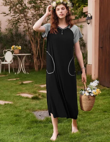 Miniatura 4 de Ekouaer Camisón largo para mujer, ropa de descanso, manga corta, ropa de dormir, camisa de dormir de longitud completa con bolsillos