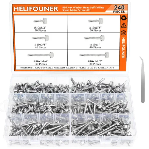 Miniatura 8 de HELIFOUNER 240 piezas #10 x 1/2", 5/8", 3/4", 1", 1-1/4", 1-1/2", tornillos autoperforantes de cabeza panorámica de 1-1/2", kit surtido de tornillos