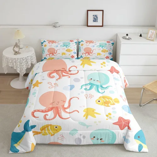 Miniatura 27 de Erosebridal Blue Ocean - Juego de edredón tamaño individual Juego de ropa de cama de ballena delfín y tortuga marina para niños y niñas, juego