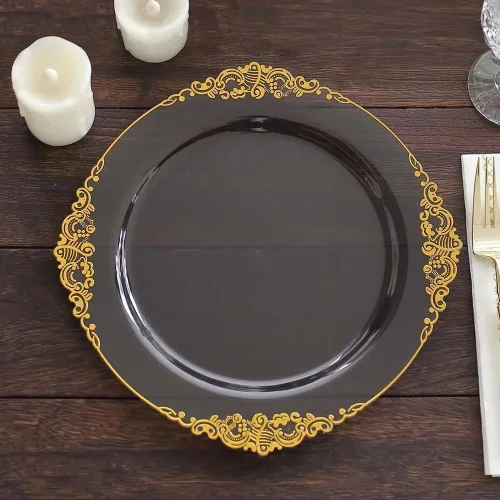 Miniatura 32 de Tableclothsfactory Paquete de 10 platos redondos de plástico barroco dorado de 8 pulgadas para ensalada de postre, vajilla desechable con borde