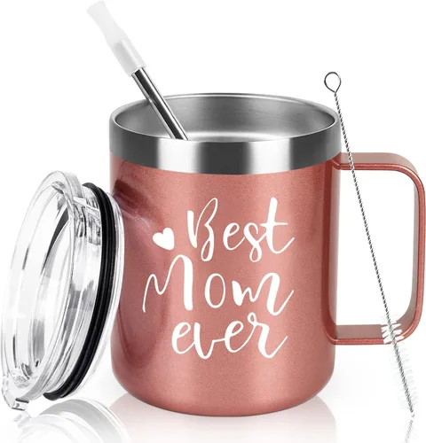 GINGPROUS Best Mom Ever Taza de viaje aislada, Día de la Madre y para mamá, taza de café aislada de acero inoxidable con tapa y popote (12 onzas,