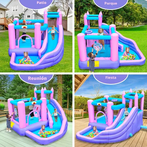 Miniatura 4 de WELLFUNTIME Casa inflable de rebote con tobogán, castillo de salto para niños con soplador, pozo de bolas, pared de escalada, diana, aro