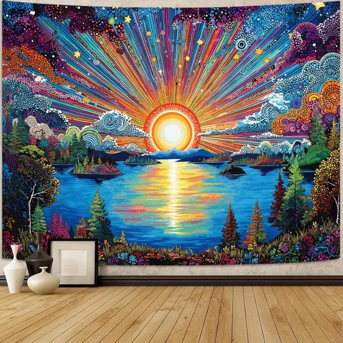 Miniatura 21 de Zussun Tapiz de hongo rojo, tapices de luna y estrella para dormitorio, estética de color beige, noche estrellada, planta verde, tapiz de pared