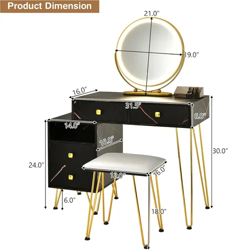 Miniatura 7 de CHARMAID Escritorio de tocador con armario lateral reversible, mesa de tocador de maquillaje con espejo iluminado, 3 luces de color, 4 cajones