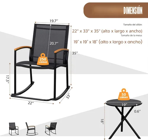 Miniatura 6 de Shintenchi - Juego de 3 piezas, muebles de tela Textilene para patio al aire libre, juego de sillas mecedoras para el porche delantero, juego