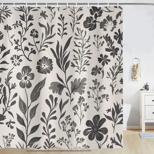 Cortina de ducha bohemia floral vintage negra para decoración de baño, juego de cortinas de baño con ganchos de 70 x 75 pulgadas