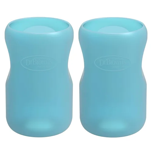 Dr. Brown's Natural Flow® Options+™ Fundas para biberones de vidrio, 100% silicona, 9 onzas, cuello ancho, azul (paquete de 2)