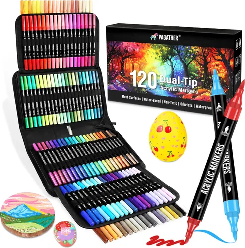 Marcadores de pintura acrílica de 120 colores, marcadores de punta doble fina y de pincel que contienen 24 colores metálicos para piedra, madera,
