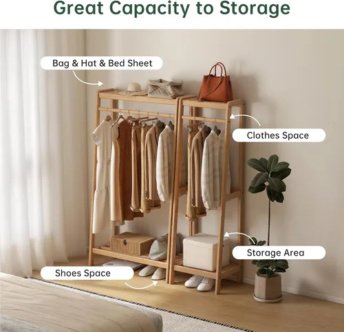 Miniatura 8 de Perchero de madera maciza, perchero con estantes para dormitorio, sala de estar, entrada, 16 x 20 x 63 pulgadas, madera de roble, natural