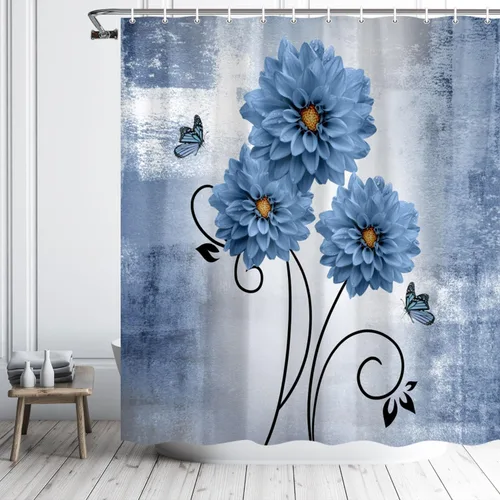 Miniatura 3 de Cortina de ducha floral con flores de dalia azul y mariposas, cortinas de ducha para baño, juego de cortina de ducha rústica con ganchos, 69 x 70