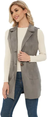 Miniatura 5 de Chaleco largo de ante sin mangas para mujer, chaleco casual con solapa y frente abierto