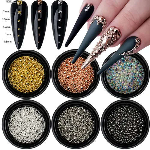 Miniatura 16 de Dijes 3D para arte de uñas, oro rosa, cuentas de micro caviar, diamantes de imitación para uñas acrílicas, tamaño mixto, diamantes de imitación AB