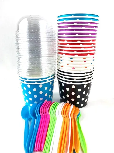 Miniatura 2 de Worlds Vasos de papel para helado con tapas de cúpula sin agujero y cucharas de plástico, lunares de 16 onzas, mezcla de 25 unidades Mezcla de 16