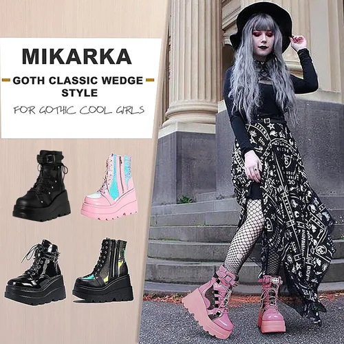 Miniatura 5 de mikarka Botas de plataforma holográfica para mujer, con cordones, hebilla con tachuelas, góticas, apiladas, botas de combate