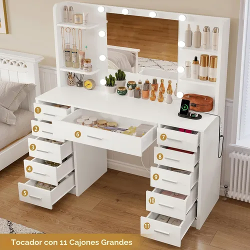 Miniatura 3 de FIONESO Escritorio grande con espejo y luces, tocador de maquillaje con 11 cajones y 6 estantes abiertos, 3 modos de iluminación, brillo ajustable