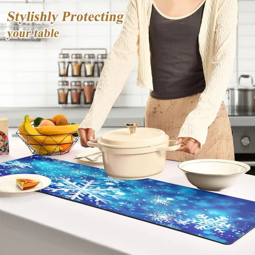 Miniatura 4 de ALAZA Salvamanteles de copos de nieve con purpurina azul de Navidad, 40 pulgadas de largo, salvamanteles para ollas y sartenes calientes, protector