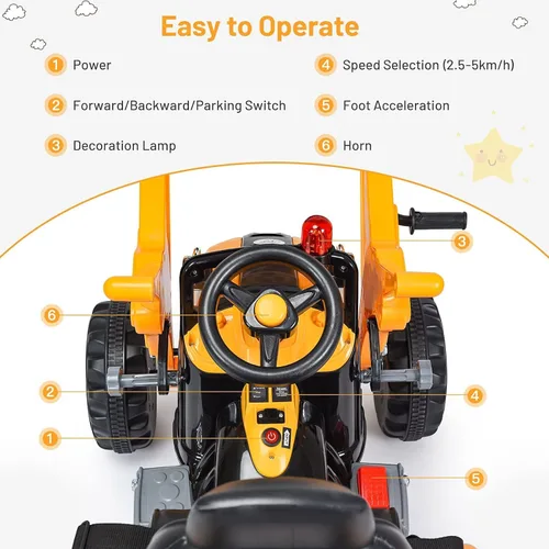 Miniatura 3 de OLAKIDS - Carrito excavador para niños, tractor de construcción a batería de 12 V con cubo de trabajo, bocina, excavadora de carga frontal a batería