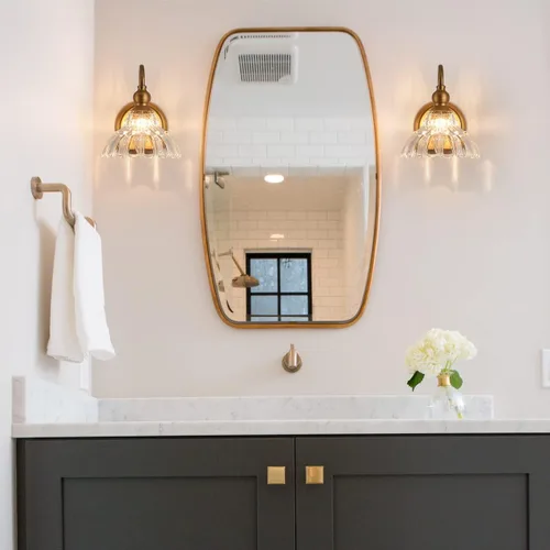 Miniatura 5 de Aplique de pared de latón vintage bronce, luz de pared de baño hecha de cuerpo de cobre electrochapado y vidrio estampado prensado, luces de tocador