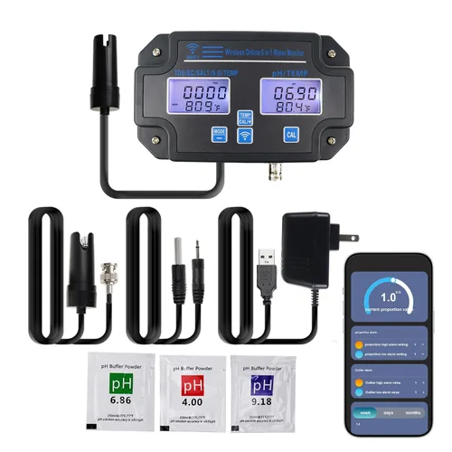 Monitor EC pH para Hidroponía, Probador de Calidad de Agua 6 en 1 con Wi-Fi, Medidor Probador de pH, Monitor Continuo de pH PPM EC CF Humedad