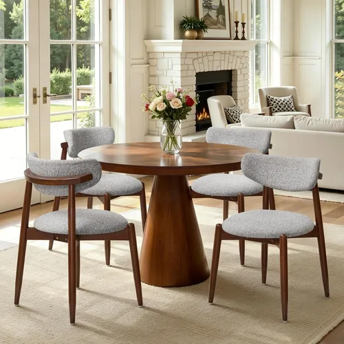 Miniatura 36 de CHUN YI Juego de 2 sillas de comedor tapizadas de madera maciza, sillas auxiliares de cocina de tela moderna de mediados de siglo con respaldo Beige
