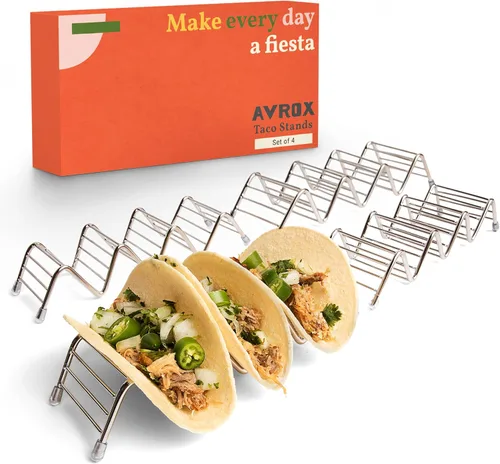 Juego de 4 soportes para tacos, cada estante tiene capacidad para 3 o 4 tacos de calle, apto para horno, parrilla y lavavajillas, kit de bandeja de