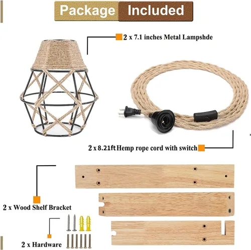 Miniatura 5 de Frideko - Juego de dos apliques de pared de madera enchufables, lámpara de pared rústica con cable de enchufe, accesorios de luz de pared