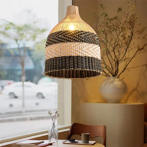 Miniatura 9 de Lámpara Colgante de Ratán 1 Paquete Candelabro de Cesta de Ratán Sintético Negro Blanco 11.8" Boho Tejido a Mano Ovalado de Mimbre Lámpara Colgante