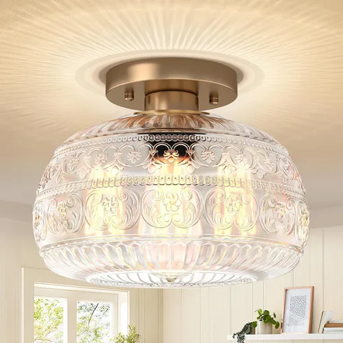 Miniatura 13 de Lámpara de Techo Semiempotrada, Luminaria Moderna Mejorada Cerca del Techo con Vidrio Transparente, Dorada, Iluminación Interior para Cocina