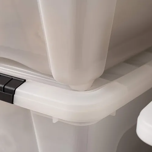 Miniatura 7 de IRIS USA - Contenedores de almacenamiento de plástico apilables de 32 cuartos de galón con tapas y hebillas de cierre, paquete de 4 unidades, Perla