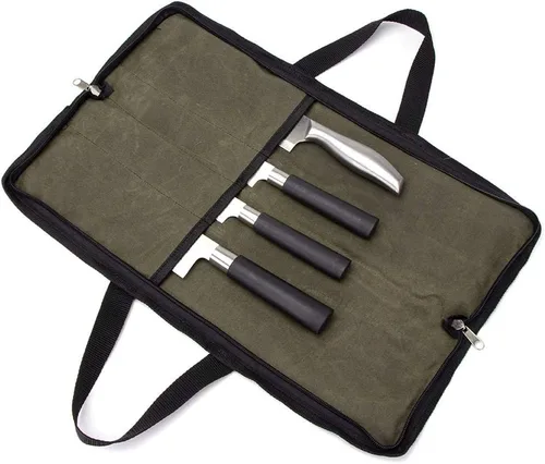 Miniatura 13 de Rollo de cuchillos, bolsa resistente para cuchillos, estuche de lona encerada con 4 ranuras para cuchillos y herramientas de cocina, bolsa