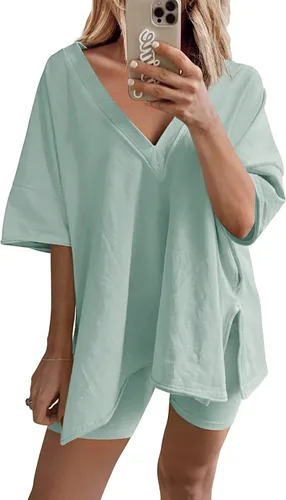 Zaxqunty Conjunto de 2 piezas para mujer, traje de gran tamaño con cuello en V, pantalones cortos de motociclista, pantalones cortos reversibles