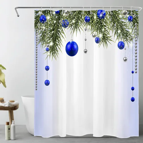 Cortina de ducha de Feliz Navidad, bolas de Navidad azules y ramas de pino verde en tela blanca moderna, cortina de ducha para baño, cortina de baño