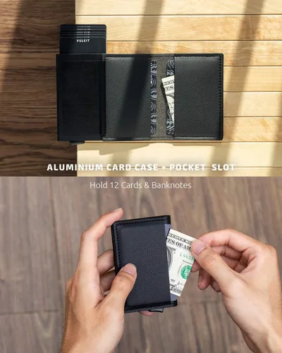Miniatura 40 de VULKIT Tarjetero RFID Bloqueo de Cuero Automático Pop Up Cartera Aluminio Slim Pocket Tarjeta de Visita