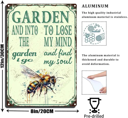 Miniatura 2 de LIUAXICIA Letreros divertidos de metal con texto en inglés "In The Garden to Lose My Mind and Find My Soul Bee Garden - Letreros de lata