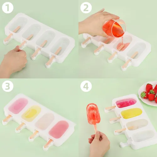 Miniatura 5 de Juego de 3 moldes para paletas con tapas y 100 palitos de paletas de madera, tamaño estándar, 4 cavidades, moldes de silicona para hacer cakesicles