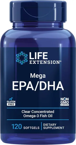 Life Extension Mega EPA/DHA, ácidos grasos omega-3, salud cardíaca y cerebral, sin OMG, sin gluten, 120 cápsulas blandas