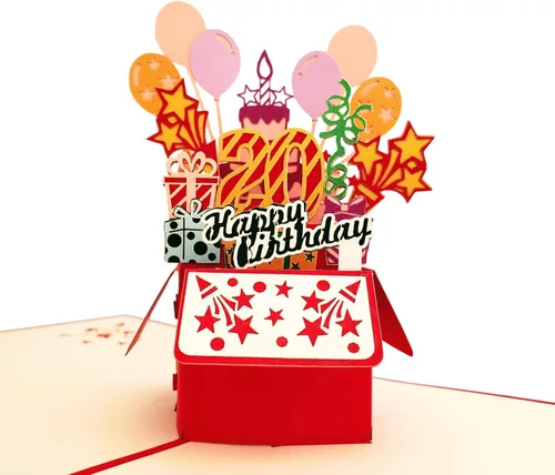 Miniatura 2 de iGifts And Cards Tarjeta desplegable 3D de 20 cumpleaños – Caja de fiesta roja de moda sorpresa con globos, regalos y vibraciones de celebración
