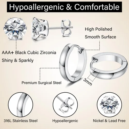 Miniatura 11 de Jstyle 6 pares de aretes tipo dormilona de acero inoxidable con circonita cúbica para mujeres y hombres