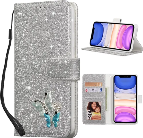 Miniatura 8 de UEEBAI Funda tipo cartera para iPhone 11, funda de piel sintética con purpurina para teléfono, ranuras para tarjetas, funda con función atril